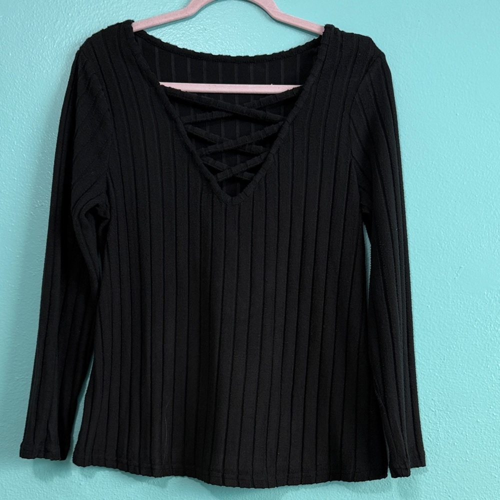 Elegant Black Crisscross V-Neck Women's Blouse